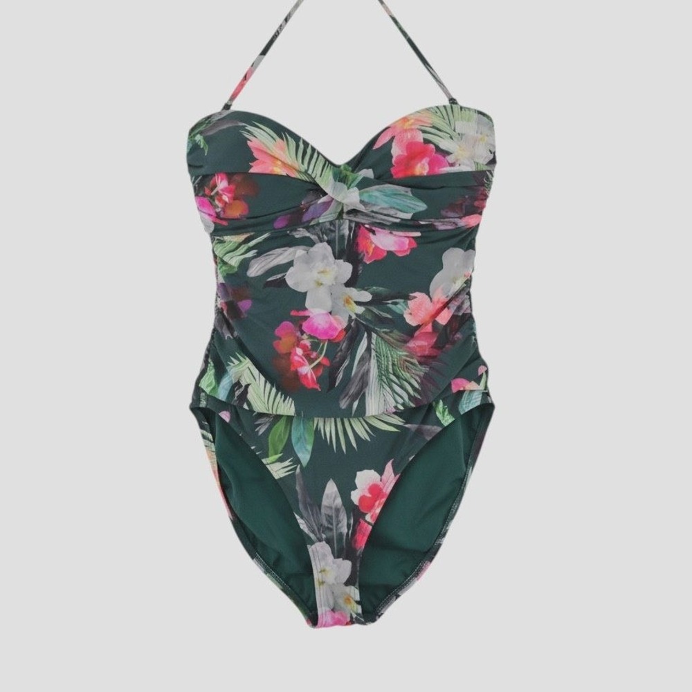 La Blanca Island Goddess One Piece Swimsuit Womens Size 16 Green Floral Ruched